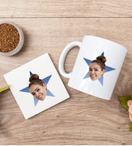 Kişiye Özel Mavi Yıldız Kafa Fotoğraflı Beyaz Kupa ve Bardak Altlığı