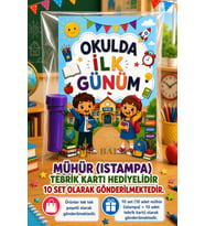 10 Adet Okulda İlk Günüm Yazılı Hediye Seti 1. Sınıf- Sene Başı Mühür (Istampa) Tebrik Kartı Hediyeli