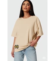 Oversize Tişört Kadın  Sol Alt "NEVERMIND" Baskılı Geniş Kalıp T-Shirt Unisex (Bej)