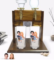BK Gift Kişiye Özel Sevgililer Tasarımlı İkili Rakı Bardağı ve Çift Musluklu Doğal Ahşap Rakı Standı-14 (Model 1)