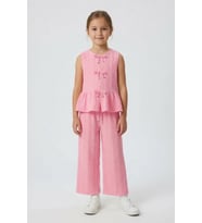 Sarı Sıfır Kol Fiyonklu Bluz Geniş Paça Pantolonlu Kız Çocuk 2li Takım 24714