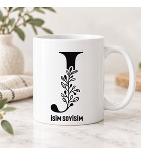 Kişiye Özel Baş Harfli ve İsimli Minimalist Botanik Desenli Seramik Kupa Bardak
