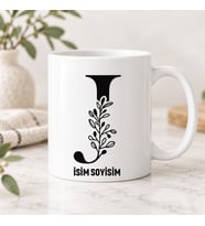 Kişiye Özel Baş Harfli ve İsimli Minimalist Botanik Desenli Seramik Kupa Bardak