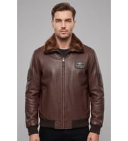 Kahverengi Top Gun Erkek Hakiki Deri Kürk Yakalı Pilot Mont