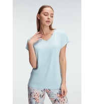 Kadın Kısa Kol V Yaka Viskon Çiçek Desenli Yazlık Örme Dantel Detaylı Pijama Takımı (Renksiz)