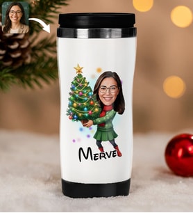 BK Gift Kişiye Özel Kadın Yılbaşı Karikatürlü Çelik Termos Bardak - 4, Yılbaşı Hediyesi, Yeni Yıl Hediyesi