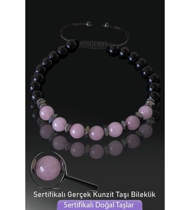 Sertifikalı Doğal Obsidyen - Kunzit Taşı Bileklik - Ayarlamalı (Çok Renkli)