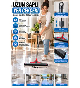 Uzun Saplı Yer Çekeceği 120 cm Paslanmaz Metal Saplı 55 cm Geniş Kauçuk Başlıklı Zemin ve Cam Su Sil