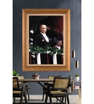 Altın Varaklı Çerçeveli Paspartulu Atatürk Tablo nh349 (Gold)