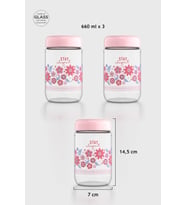 Renga Flora Desenli 660 ml 3'lü Cam Kavanoz Seti 132079 Pudra