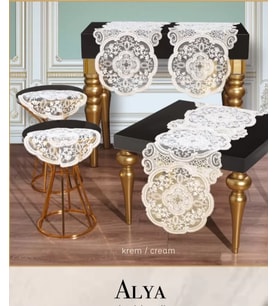 Alya Model Krem 5 Parça Salon Takımı Dantelli Masa Örtüsü Runner Seti