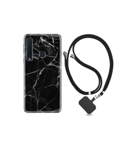 Samsung Galaxy A9 2018 Kılıf Desenli Silikon Ipli Boyun Askılı Fragile Black Mermer 1378