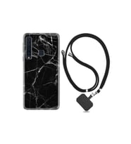 Samsung Galaxy A9 2018 Kılıf Desenli Silikon Ipli Boyun Askılı Fragile Black Mermer 1378