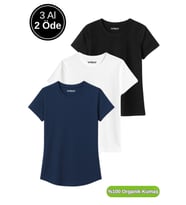 Kadın 3'lü Paket Siyah-Beyaz-Lacivert %100 Organik Pamuk Normal Kesim Tişört Bisiklet Yaka T-Shirt