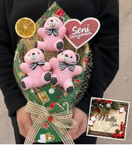 Yılbaşı Hediyesi Buket Seni Seviyorum Temalı Büyük Boy Pembe Peluş Ayıcık Buketi (Yeşil)