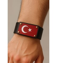 Türk Bayraklı Siyah Kırmızı Deri Bileklik  3 Çıtçıtlı Unisex Tasarım – Hakiki Deri Modern Stil