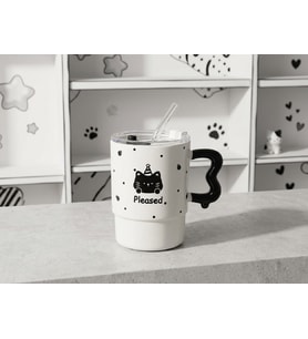 500ml Kapaklı Pipetli Kawaii Kedi Tasarımlı Kupa Bardak Siyah Beyaz Sevimli Model