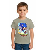 Unisex Sonic Baskılı Çocuk Tişört pamuklu penye kumaş (Gri)