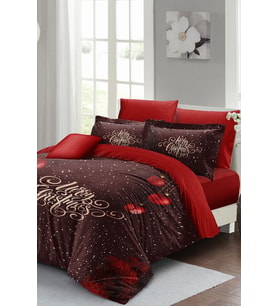 Yılbaşı Nevresim Takımı (Lastikli Çarşaflı) Çift Kişilik %100 Pamuk Saten Red Ball