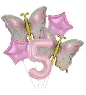 Gold Kelebekli Pembe 5 Yaş Rakam Balon Set