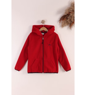 Monox Lastik Manşetli Fermuarlı Kapüşonlu Çocuk Unisex Polar Ceket (Kırmızı)