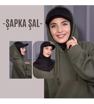Şapka şal- incili bone hediyeli - Tesettür Şapkalı Şal (Siyah)