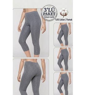 3'lü Büyük Beden Pamuklu Kadın Tayt Yüksek Bel Kapri Rahat Esnek Toparlayıcı - Plus Size Capri Leggings - 5060