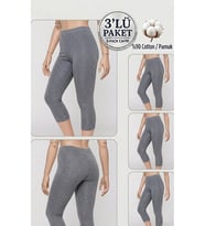 3'lü Büyük Beden Pamuklu Kadın Tayt Yüksek Bel Kapri Rahat Esnek Toparlayıcı - Plus Size Capri Leggings - 5060