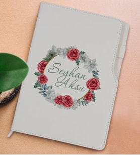 BK Gift Kişiye Özel Çiçek Tasarımlı Beyaz Termo Deri Not Defteri 15x21cm-8