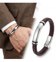 Moncuk Design İsim Yazılabilir Kahverengi Deri ve Beyaz Titanyum Kilitli Erkek Bileklik 33513B15D12
