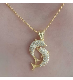 Gümüş Gold Çift Yunus Balığı Kadın Kolye