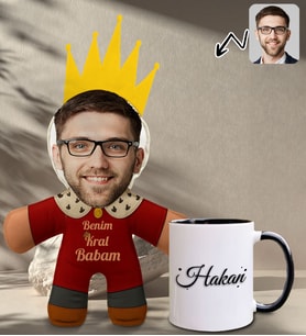 BK Gift Kişiye Özel Fotoğraflı Kral Babam Tasarımlı Bebek Yastık-1 & Siyah Kupa Bardak Hediye Seti-1, Babalar Günü Hediye, Babaya Hediye
