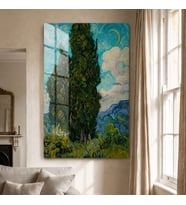 Vincent van Gogh Cypresses Servi Ağaçları Temperli Cam Dekoratif Duvar Tablosu