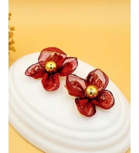 Bordo Tül Detaylı Çiçek Gold Küpe