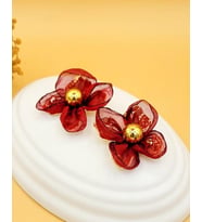 Bordo Tül Detaylı Çiçek Gold Küpe