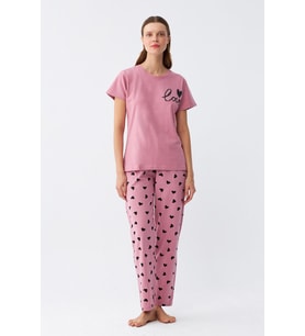 Akbeniz Kadın Somon Kalp Desenli Kısa Kollu Penye Pijama Takımı