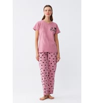 Akbeniz Kadın Somon Kalp Desenli Kısa Kollu Penye Pijama Takımı