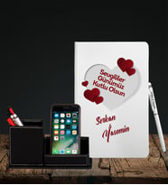Sevgililer Gününe Özel Beyaz Defter Kalem & Deri Kaplama Kalemlik Hediye Seti 4