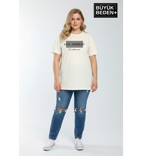 Kadın Büyük Beden Los Angeles Baskılı 3xl-6xl Bisiklet Yaka Tshırt SPR26BTSK510-18