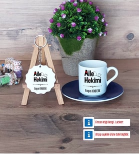 Aile Hekimi Türk Kahvesi Fincanı Lacivert ve Ahşap Anahtarlık Hediye (Model 1)