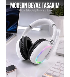 Kablosuz Bluetooth Mikrofonlu Beyaz Kulaklık Rgb Işıklı