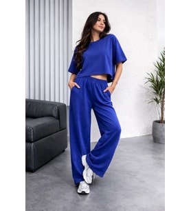 pilelistore- Osy Modal Yumuşak Dokulu Şalaş Oversize İkili Takım Bol Paça Pantolonlu Rahat Günlük Ta (Saks Mavisi)