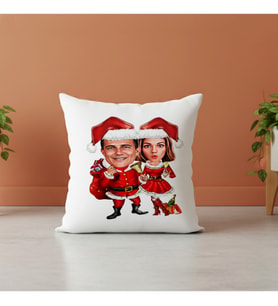 Karikatürlü Çift Noel Anne Baba Yılbaşı Yastığı Kişiye Özel