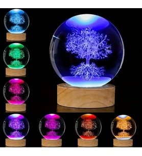 Dekoratif Ağaç Tasarımlı Ahşap Altlıklı Işıklı Cam Küre Orta Boy (RGB)