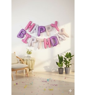 35 cm Happy Birthday Pembe Mor Harf Folyo Balon Seti - Doğum Günü Parti Dekorasyonu