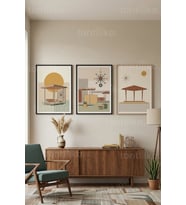 Mid-Century Modern Soyut Geometrik Mimari 3’lü Ahşap Çerçeveli Tablo Seti