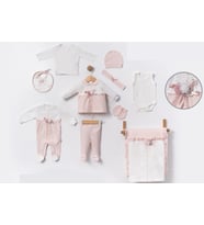 ÇİÇEK AKSESUARLI DANTELLİ KUTUSUZ HASTANE ÇIKIŞI BEBE 10' LU SET (Pembe)
