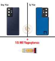 Samsung Galaxy S21 Ultra Lacivert Renk Lensli Arka Kapak + B7000 Yapıştırıcı Arka Cam Batarya Kapağı Pil Kapağı Lazer Kesim Back Cover Galaxy S21 Ultra Uyumlu