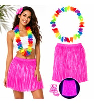 Neon Pembe Hawaii Etek 40 cm ve Rengarenk Hawaii Kolye