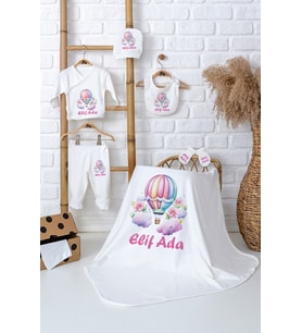 Pia Baby Premium Kişiye Özel Battaniye ve 5 Parça Zıbın Kız Bebek Hediyesi 5046-04 (Ekru)